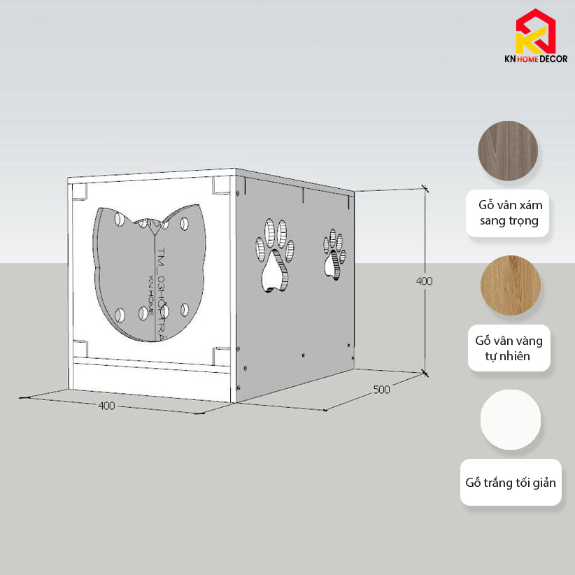 Chuồng mèo MDF phủ Melamine có ô thông thoáng, cửa kính mica và ngăn vệ sinh, thương hiệu KN Home Decor.