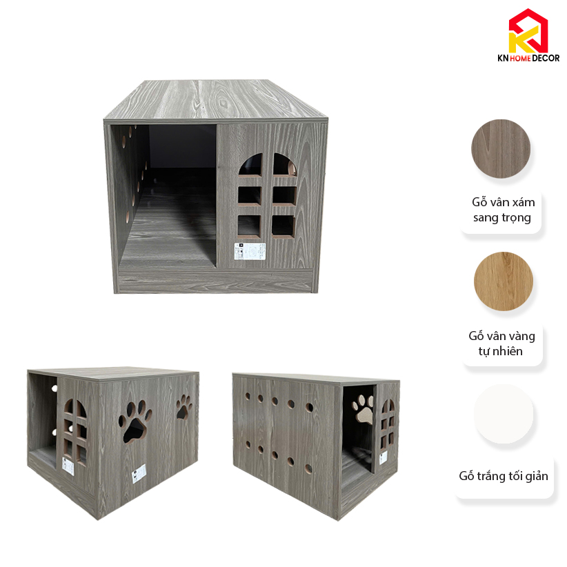Chuồng mèo MDF phủ Melamine có ô thông thoáng, cửa kính mica và ngăn vệ sinh, thương hiệu KN Home Decor.