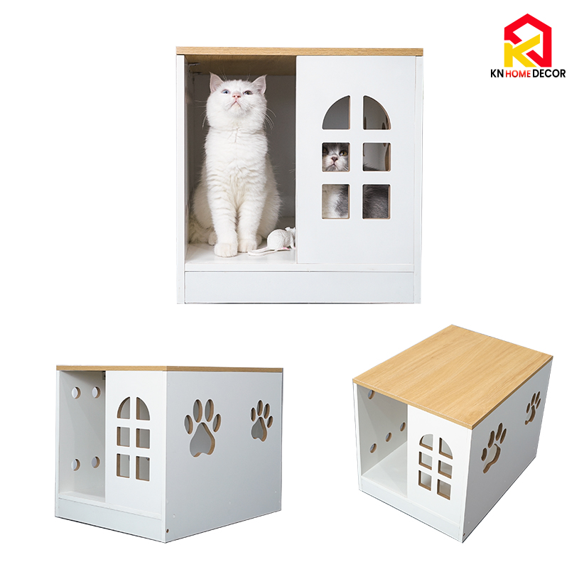 Chuồng mèo MDF phủ Melamine có ô thông thoáng, cửa kính mica và ngăn vệ sinh, thương hiệu KN Home Decor.