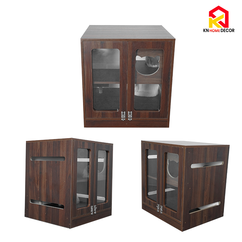 Chuồng mèo MDF phủ Melamine có ô thông thoáng, cửa kính mica và ngăn vệ sinh, thương hiệu KN Home Decor.