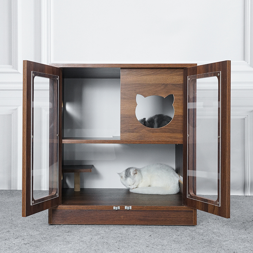 Chuồng mèo MDF phủ Melamine có ô thông thoáng, cửa kính mica và ngăn vệ sinh, thương hiệu KN Home Decor.