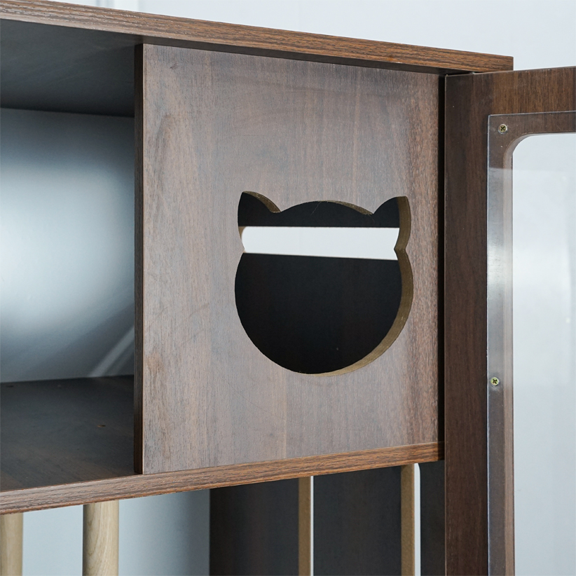 Chuồng mèo MDF phủ Melamine có ô thông thoáng, cửa kính mica và ngăn vệ sinh, thương hiệu KN Home Decor.