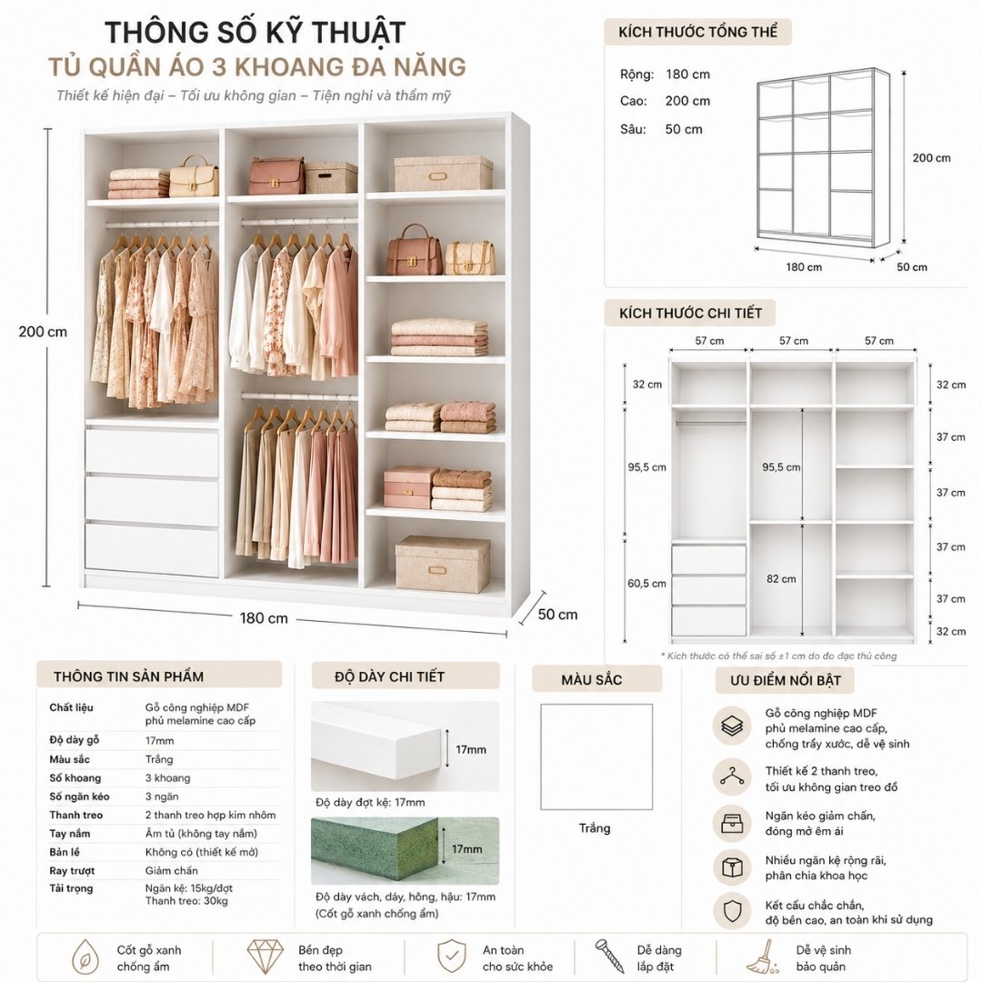 TỦ QUẦN ÁO MODULE ĐA NĂNG 180x50x200CM – KN HOME DECOR