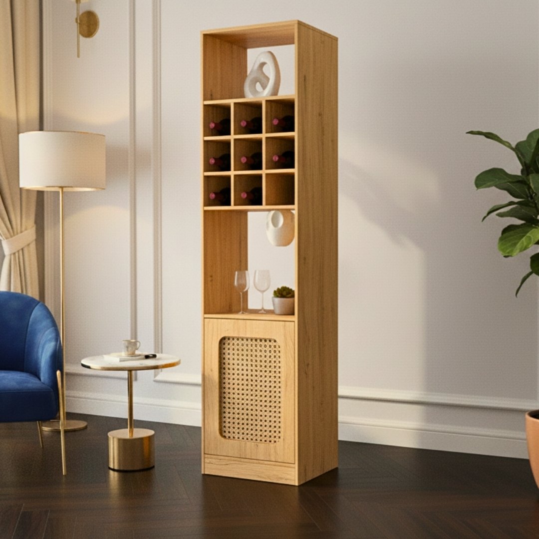 Tủ rượu gỗ MDF phủ Melamine hiện đại, phối kính trong sang trọng, thương hiệu KN Home Decor.