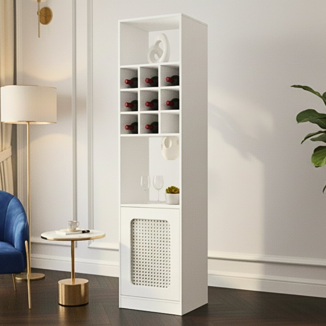 Tủ rượu gỗ MDF phủ Melamine hiện đại, phối kính trong sang trọng, thương hiệu KN Home Decor.