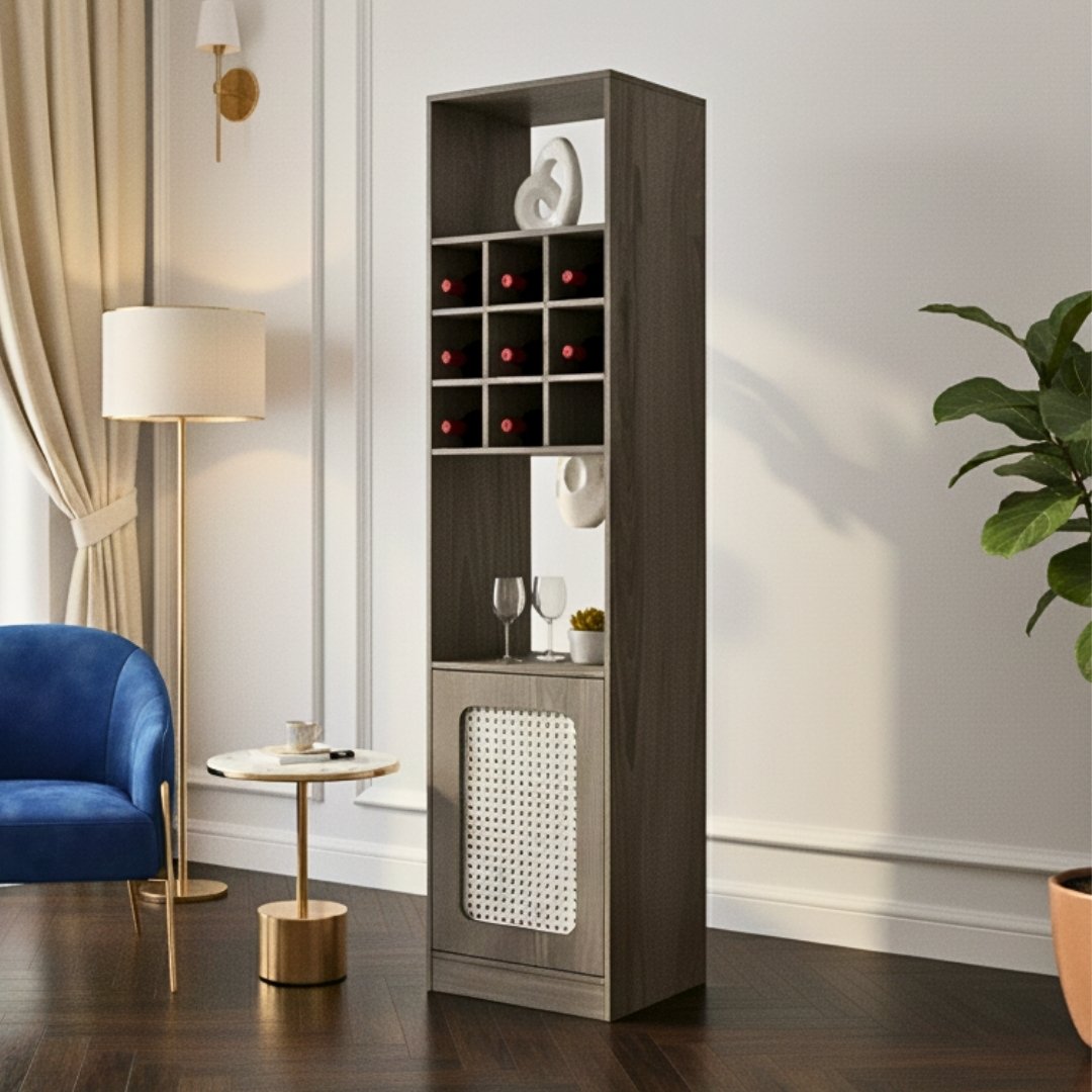 Tủ rượu gỗ MDF phủ Melamine hiện đại, phối kính trong sang trọng, thương hiệu KN Home Decor.