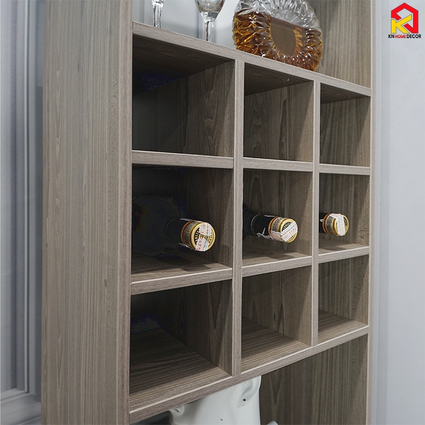 Tủ rượu gỗ MDF phủ Melamine hiện đại, phối kính trong sang trọng, thương hiệu KN Home Decor.