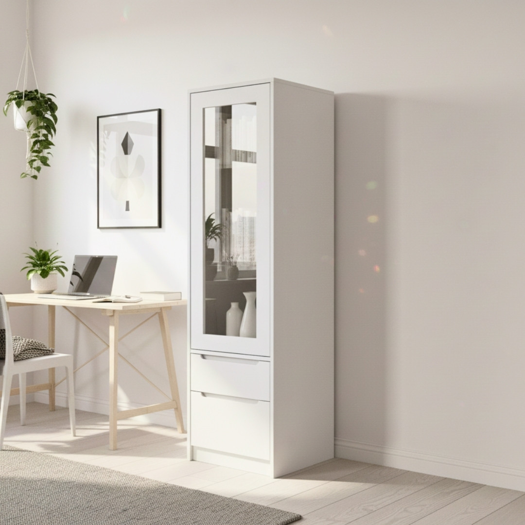 Tủ sách gỗ MDF phủ Melamine, kích thước 40x40x140 cm, cánh kính cường lực 5mm, màu trắng, gỗ sồi vàng hoặc vân gỗ xám, thiết kế hiện đại tiết kiệm diện tích