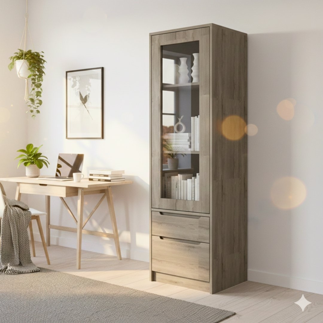 Tủ sách gỗ MDF phủ Melamine, kích thước 40x40x140 cm, cánh kính cường lực 5mm, màu trắng, gỗ sồi vàng hoặc vân gỗ xám, thiết kế hiện đại tiết kiệm diện tích