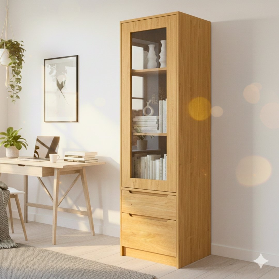 Tủ sách gỗ MDF phủ Melamine, kích thước 40x40x140 cm, cánh kính cường lực 5mm, màu trắng, gỗ sồi vàng hoặc vân gỗ xám, thiết kế hiện đại tiết kiệm diện tích