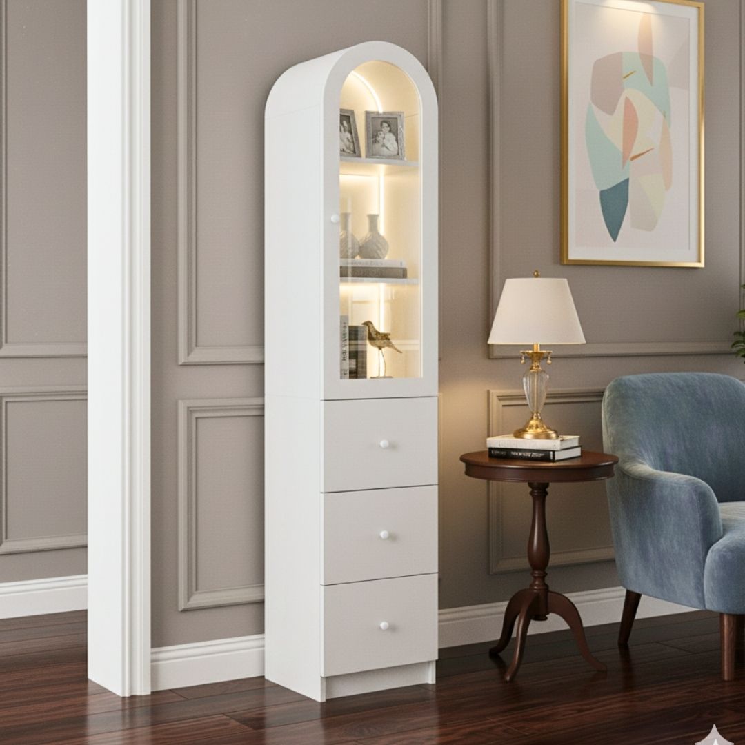 Tủ trang trí gỗ MDF phủ melamine phối kính cường lực 5mm, đèn led – thiết kế hiện đại, sang trọng