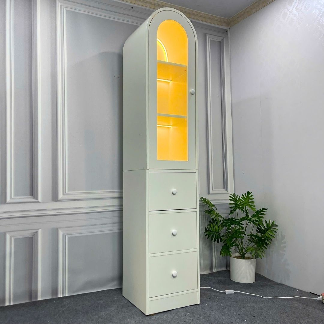 Tủ trang trí gỗ MDF phủ melamine phối kính cường lực 5mm, đèn led – thiết kế hiện đại, sang trọng