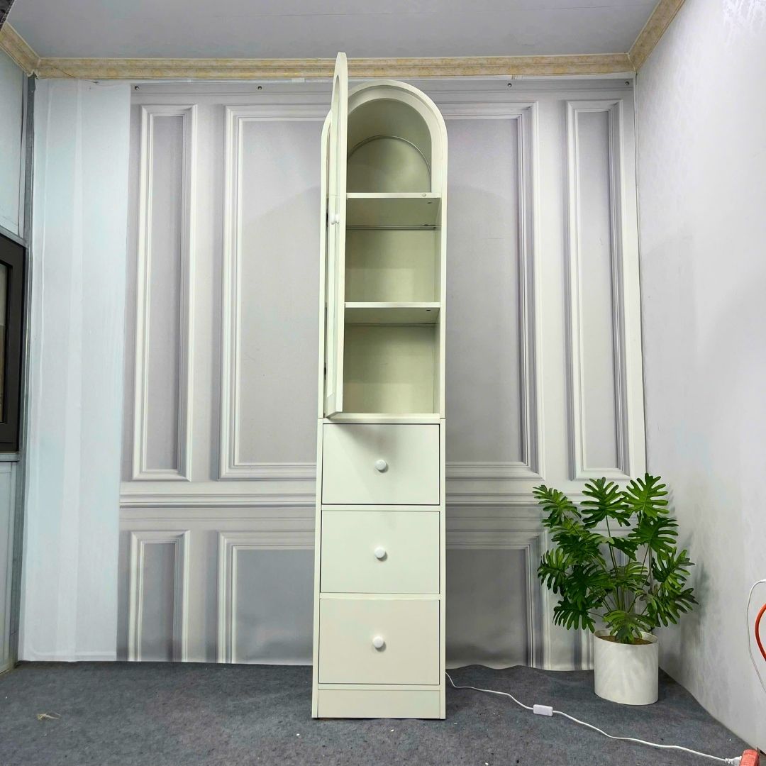 Tủ trang trí gỗ MDF phủ melamine phối kính cường lực 5mm, đèn led – thiết kế hiện đại, sang trọng