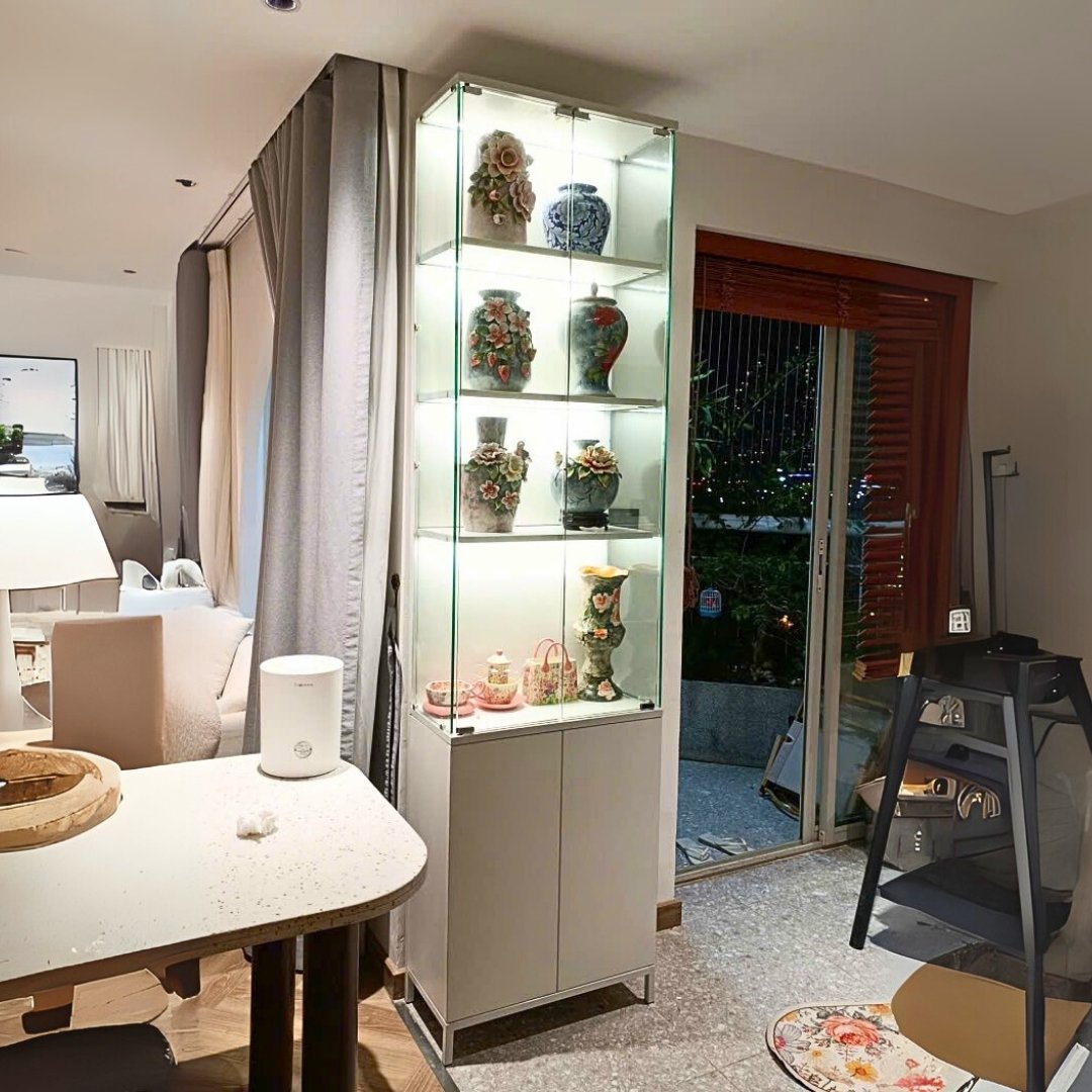 Tủ trưng bày MDF phủ melamine phối kính cường lực 8mm sang trọng – KN Home Décor