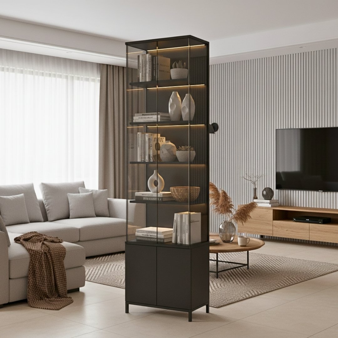 Tủ trưng bày MDF phủ melamine phối kính cường lực 8mm sang trọng – KN Home Décor