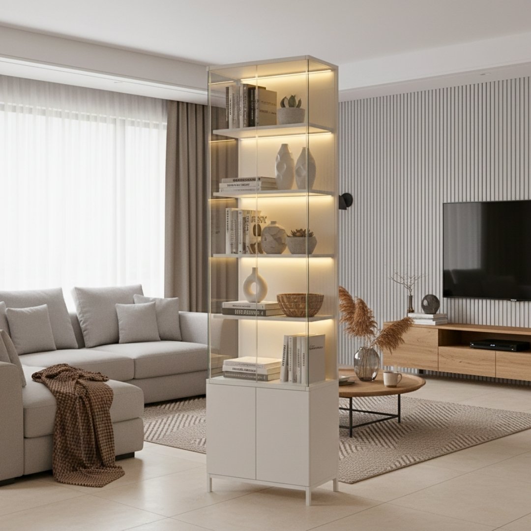 Tủ trưng bày MDF phủ melamine phối kính cường lực 8mm sang trọng – KN Home Décor