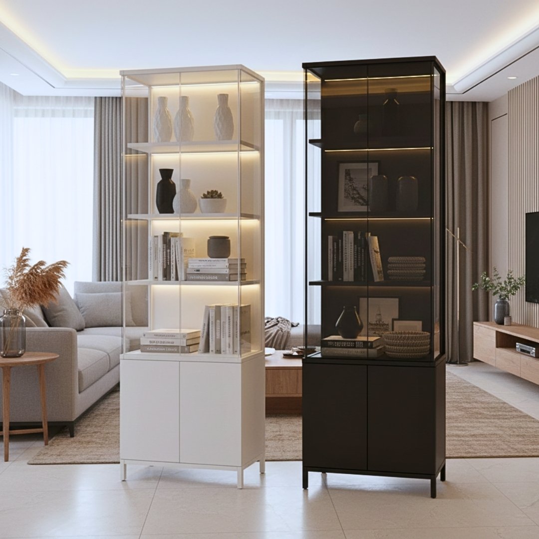 Tủ trưng bày MDF phủ melamine phối kính cường lực 8mm sang trọng – KN Home Décor