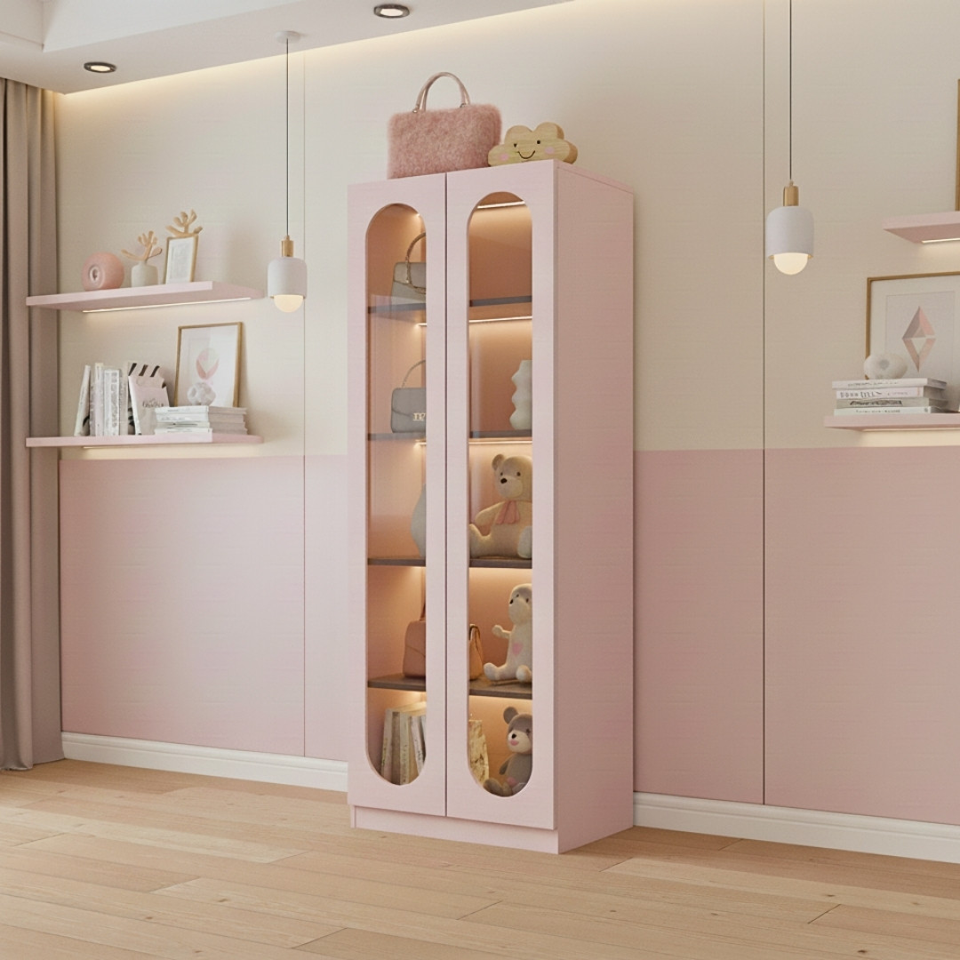 Tủ trang trí gỗ MDF phủ melamine phối kính cường lực 5mm – thiết kế hiện đại, sang trọng