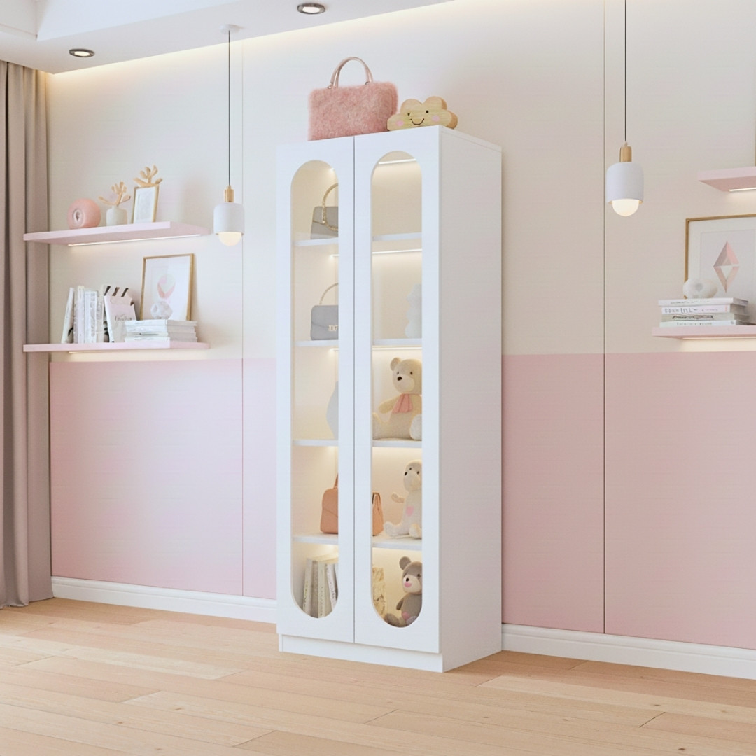 Tủ trang trí gỗ MDF phủ melamine phối kính cường lực 5mm – thiết kế hiện đại, sang trọng