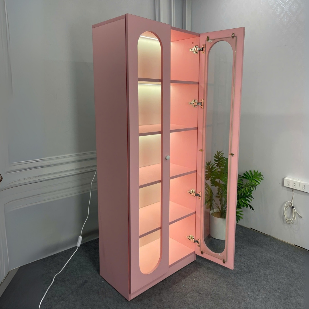 Tủ trang trí gỗ MDF phủ melamine phối kính cường lực 5mm – thiết kế hiện đại, sang trọng