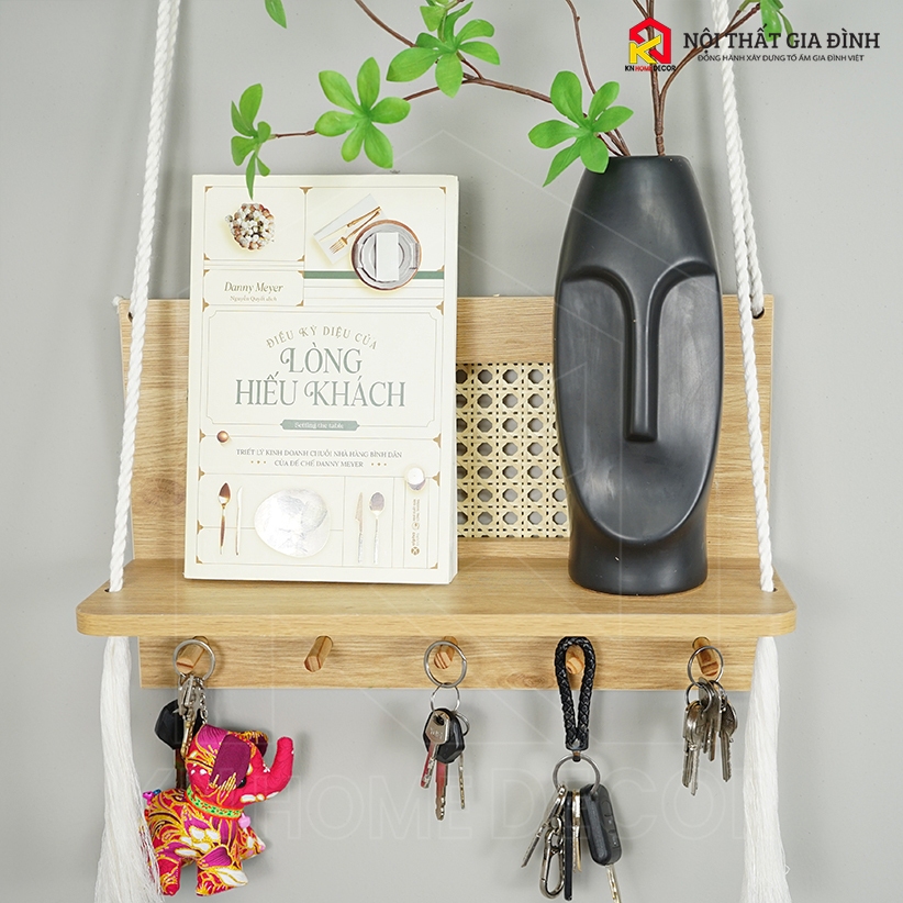 Kệ gỗ treo tường KN Home decor , móc treo chìa khóa , kễ gỗ mây chữ L treo trang trí nhà cửa ,KMT_02