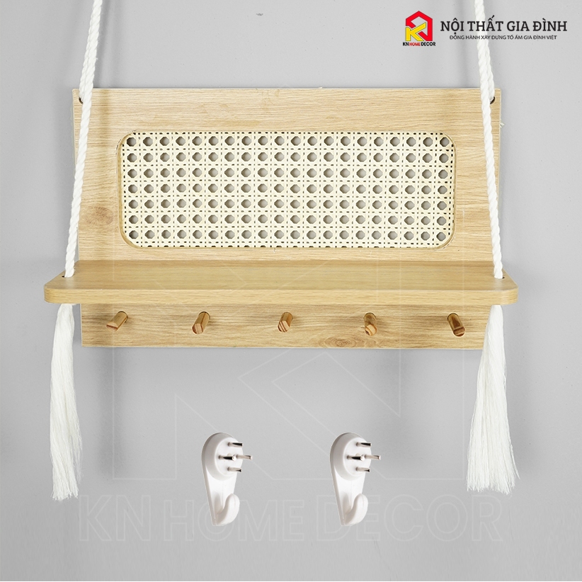 Kệ gỗ treo tường KN Home decor , móc treo chìa khóa , kễ gỗ mây chữ L treo trang trí nhà cửa ,KMT_02