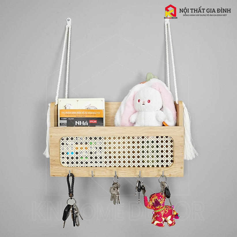 Kệ gỗ treo tường KN Home decor, móc treo chìa khóa , kễ gỗ mây chữ U treo trang trí nhà cửa , KMT_03