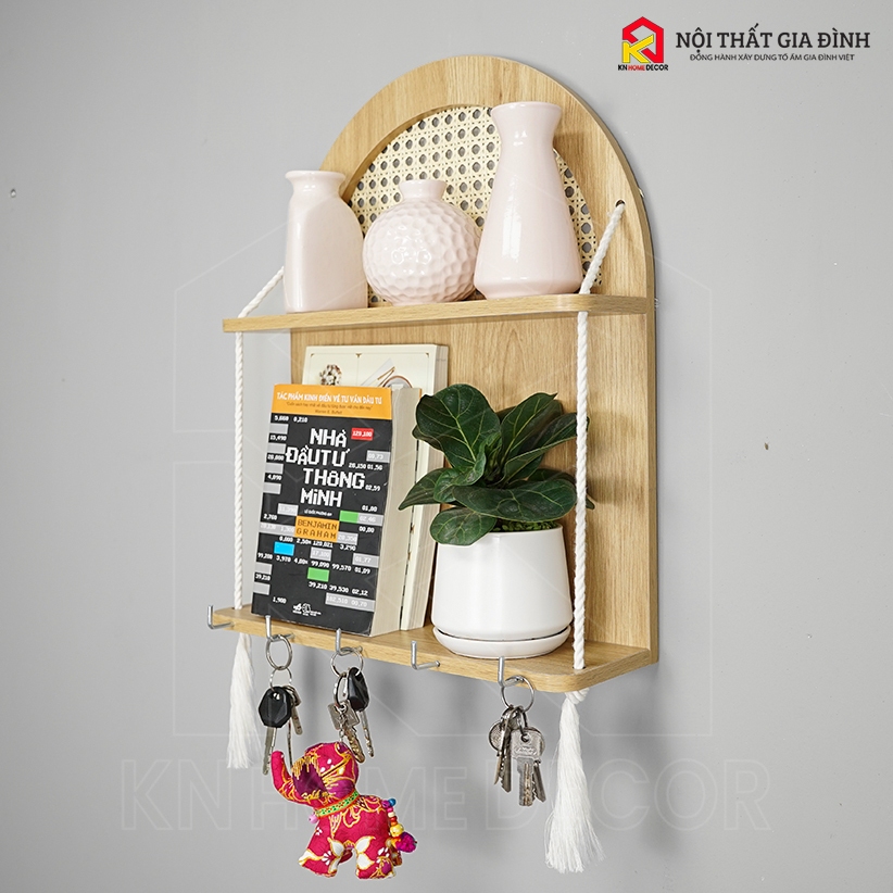Kệ gỗ treo tường KN Home decor , móc treo chìa khóa , kễ gỗ mây vòm treo trang trí nhà cửa , KMT_ 01