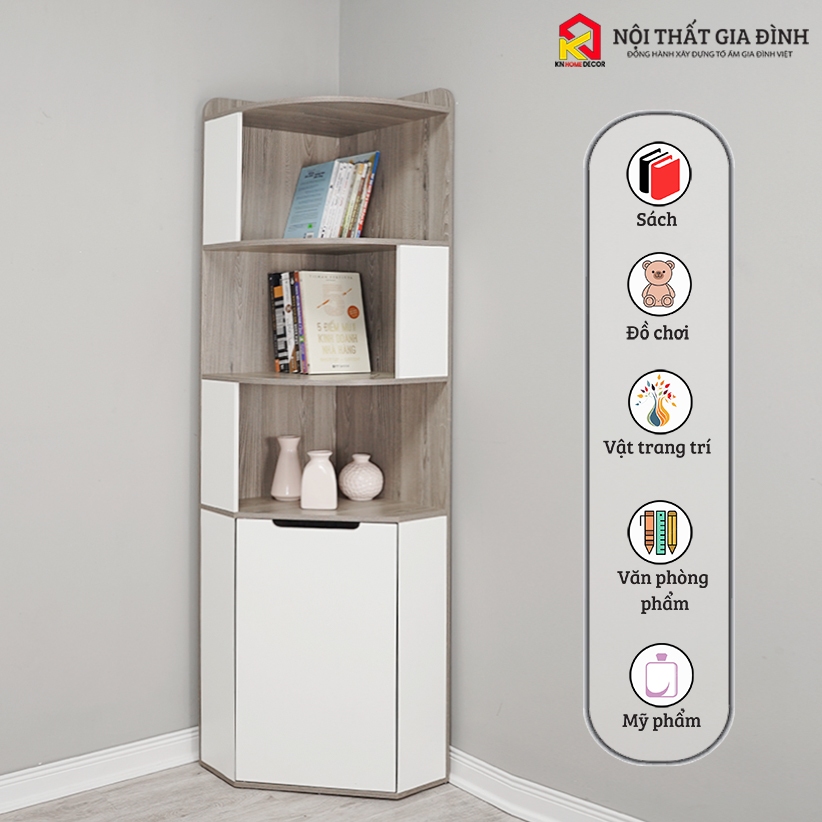 Kệ góc tường có tủ KN Homedecor , kệ sách góc tường , kệ văn phòng , kệ đa năng gỗ MDF 12mm MS43