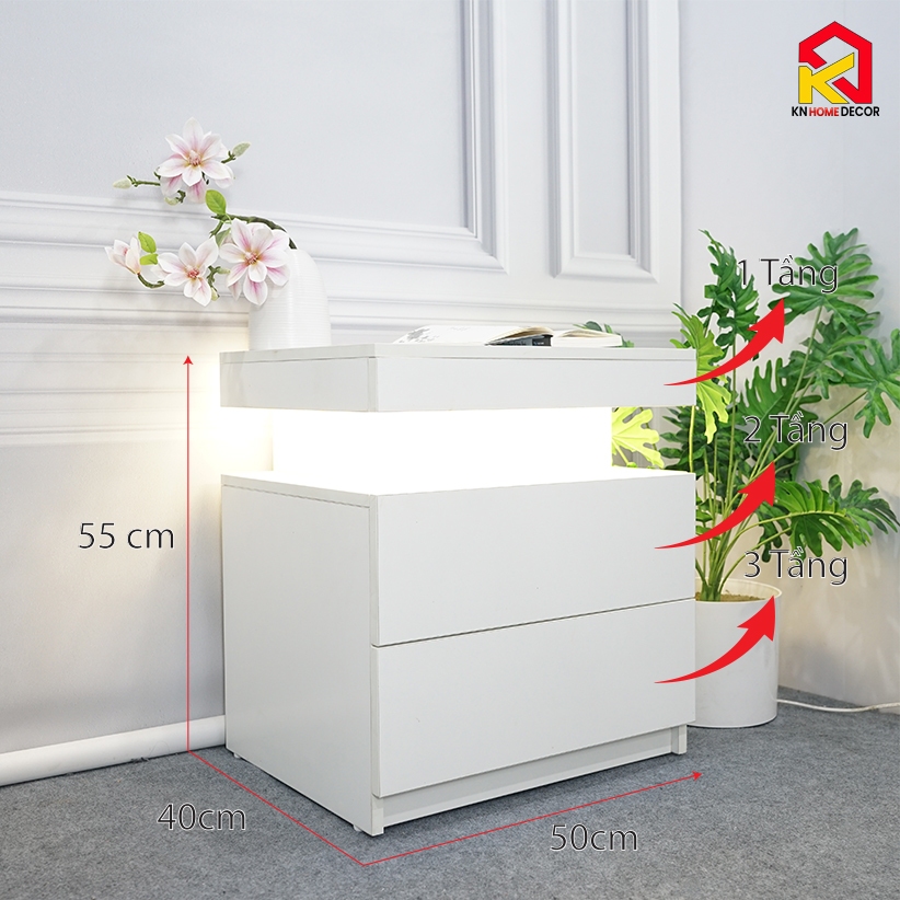 [ Lắp sẵn ]Kệ tủ đầu giường 3 tầng đèn LED cảm ứng KN Homedecor ,Tab đầu giường ,Tủ Đầu Giường Gỗ MDF 15mm TAB_50