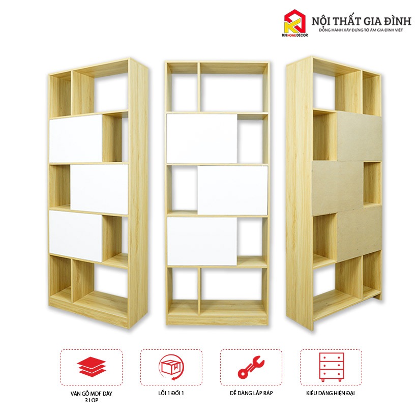 Kệ sách gỗ lắp ráp KN Home decor để sàn phong cách Hiện Đại , tủ sách gỗ MDF chống mối mọt phủ Melanine 12mm KS62