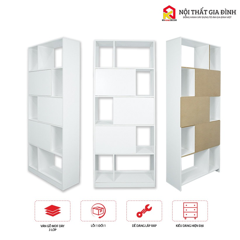 Kệ sách gỗ lắp ráp KN Home decor để sàn phong cách Hiện Đại , tủ sách gỗ MDF chống mối mọt phủ Melanine 12mm KS62