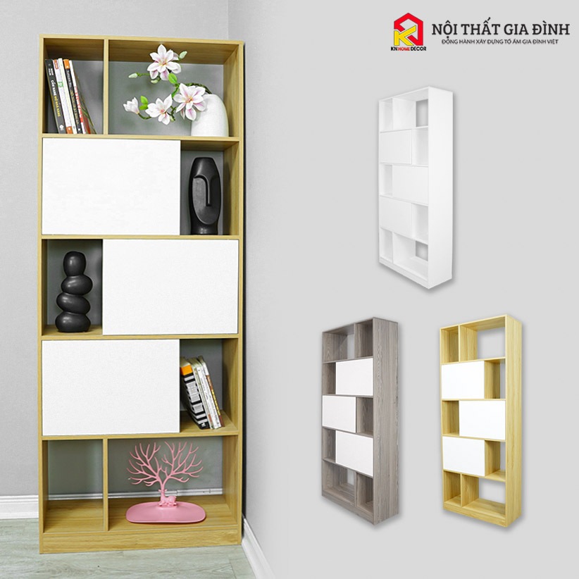 Kệ sách gỗ lắp ráp KN Home decor để sàn phong cách Hiện Đại , tủ sách gỗ MDF chống mối mọt phủ Melanine 12mm KS62