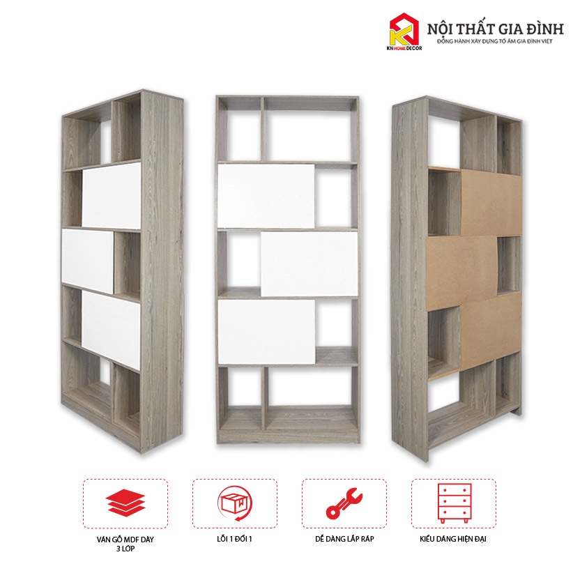 Kệ sách gỗ lắp ráp KN Home decor để sàn phong cách Hiện Đại , tủ sách gỗ MDF chống mối mọt phủ Melanine 12mm KS62