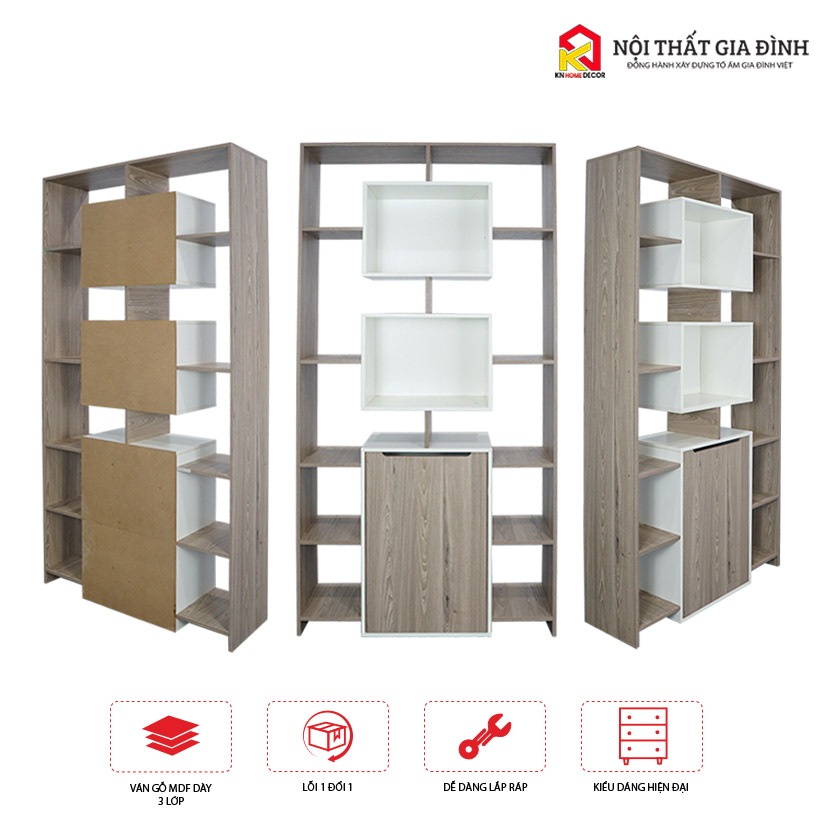 Kệ sách gỗ lắp ráp , tủ gỗ trang trí KN Home decor để đồ năng, giá sách đứng trưng bày chất liệu gỗ MDF 12mm KS08