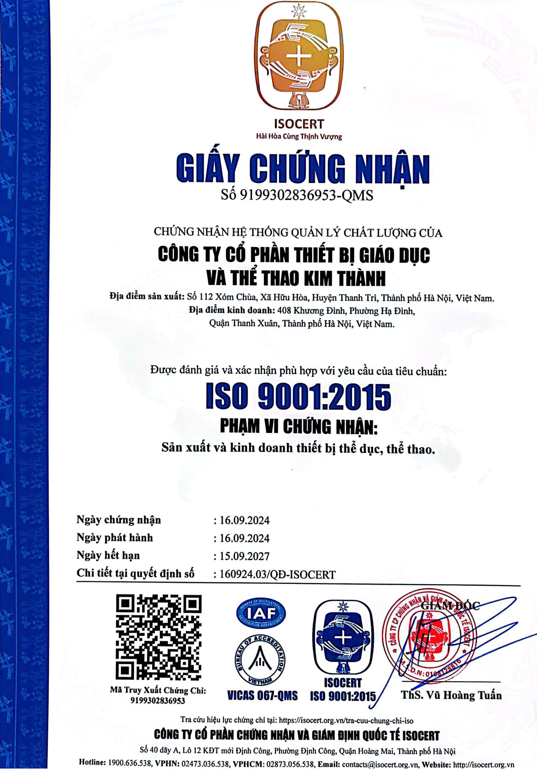 Kim Thành đạt chuẩn ISO 9001:2015 - Khẳng định vị thế và cam kết chất lượng