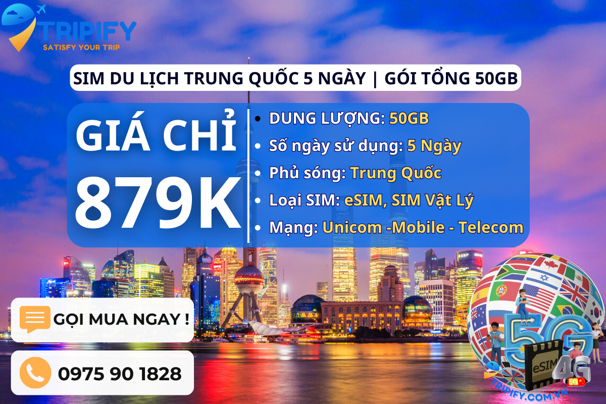 SIM DU LỊCH TRUNG QUỐC 5 NGÀY | GÓI TỔNG 50GB