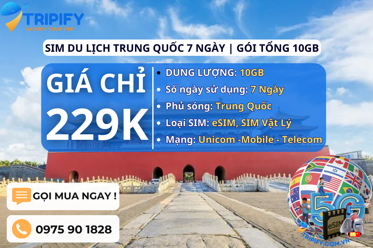 SIM DU LỊCH TRUNG QUỐC 7 NGÀY | GÓI TỔNG 10GB