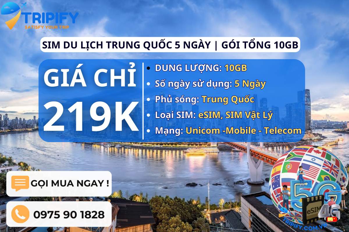 SIM DU LỊCH TRUNG QUỐC 5 NGÀY | GÓI TỔNG 10GB