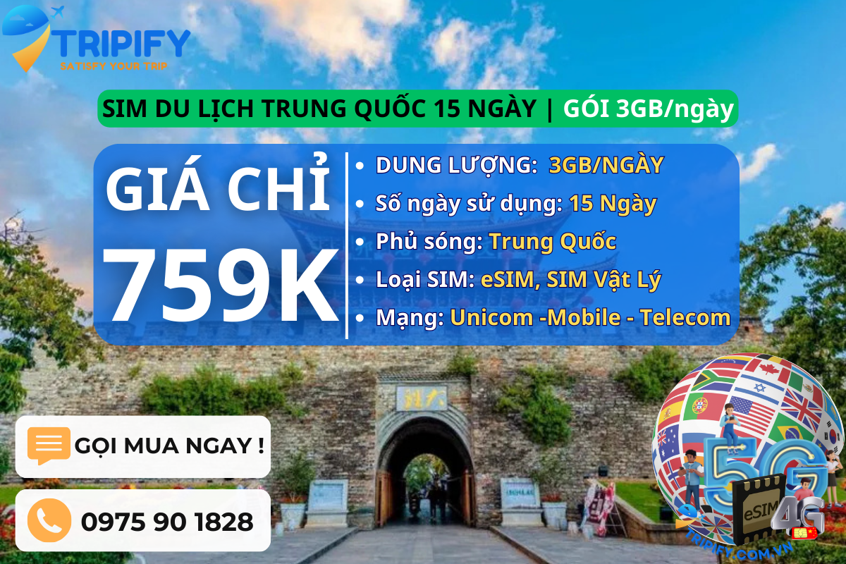SIM DU LỊCH TRUNG QUỐC 15 NGÀY | GÓI 3GB/NGÀY