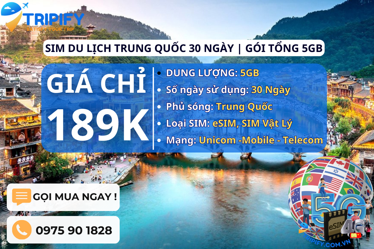 SIM DU LỊCH TRUNG QUỐC 30 NGÀY | GÓI TỔNG 5GB