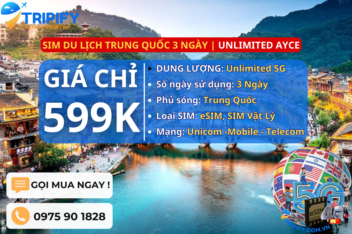 SIM DU LỊCH TRUNG QUỐC 3 NGÀY | GÓI UNLIMITED AYCE