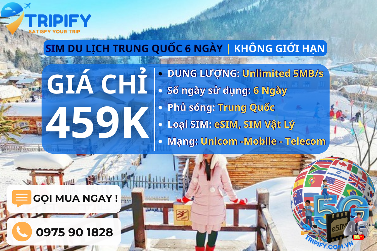 SIM DU LỊCH TRUNG QUỐC 6 NGÀY | GÓI UNLIMITED 5MB/s
