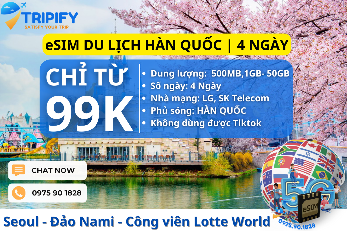 ESIM DU LỊCH HÀN QUỐC | Tour Seoul - Đảo Nami - Công viên Lotte World - Hotline/ Zalo 0975.901.828