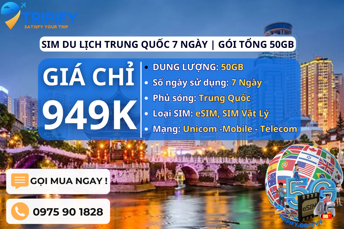 SIM DU LỊCH TRUNG QUỐC 7 NGÀY | GÓI TỔNG 50GB