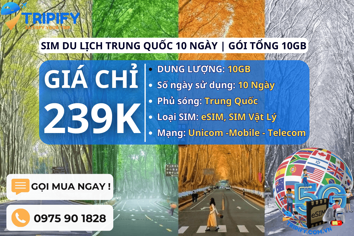 SIM DU LỊCH TRUNG QUỐC 10 NGÀY | GÓI TỔNG 10GB