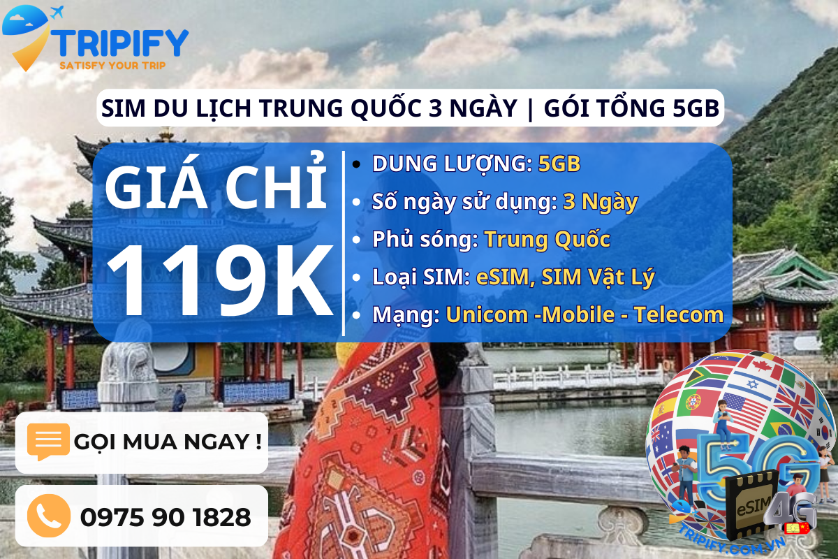 SIM DU LỊCH TRUNG QUỐC 3 NGÀY | GÓI TỔNG 5GB