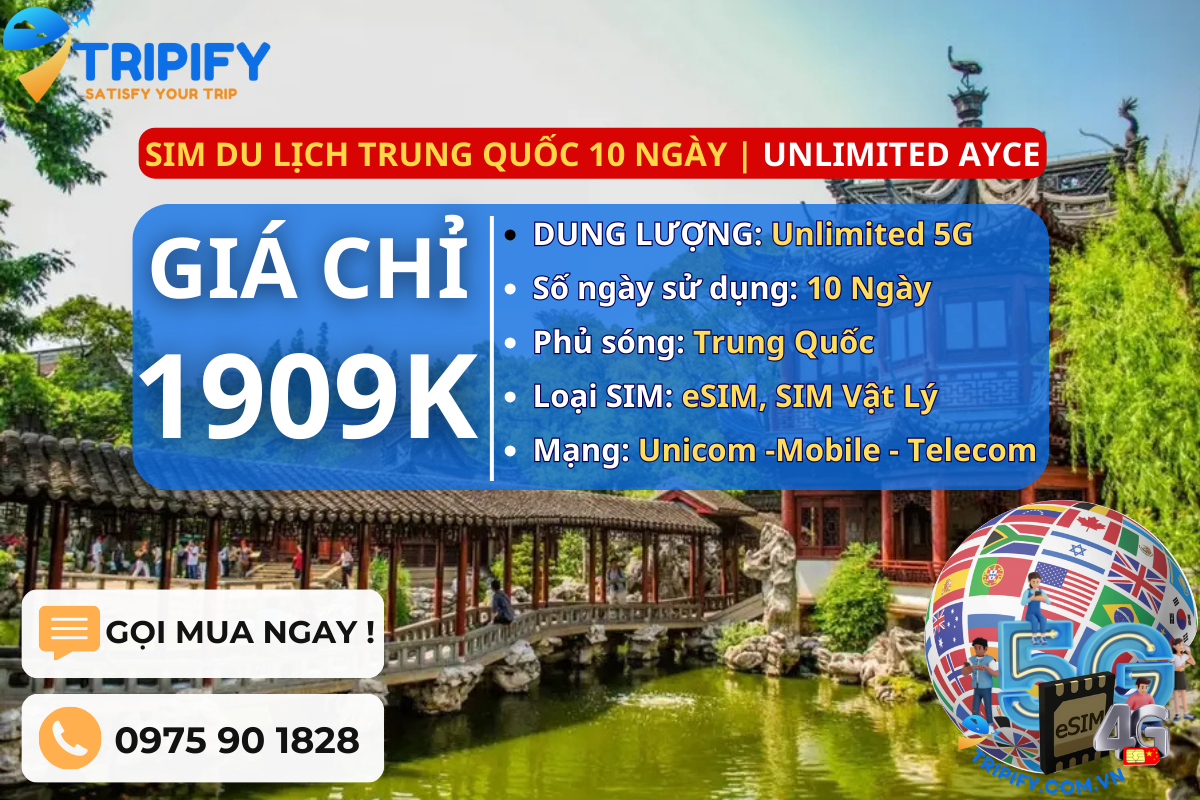 SIM DU LỊCH TRUNG QUỐC 10 NGÀY | GÓI UNLIMITED AYCE