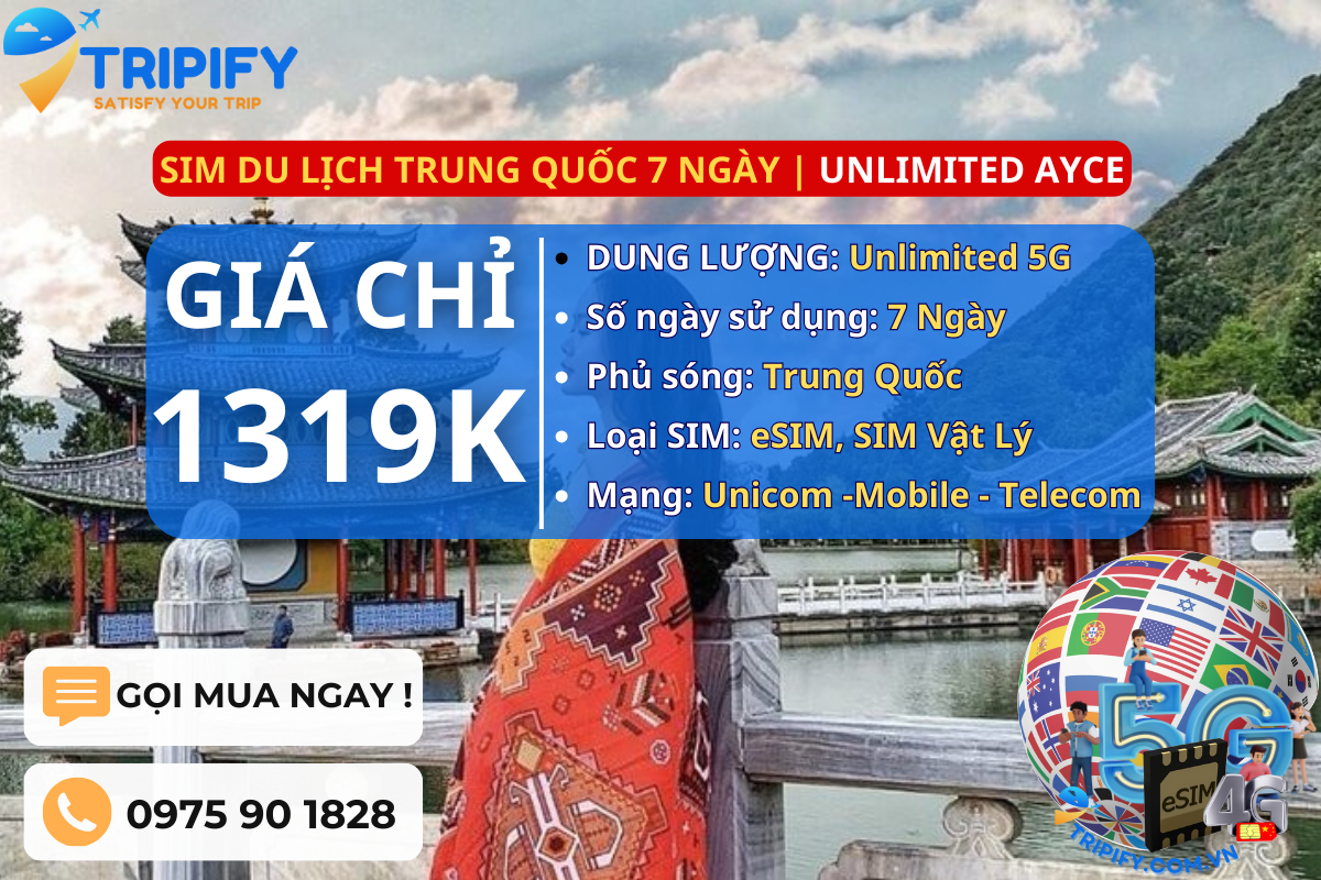 SIM DU LỊCH TRUNG QUỐC 7 NGÀY | GÓI UNLIMITED AYCE