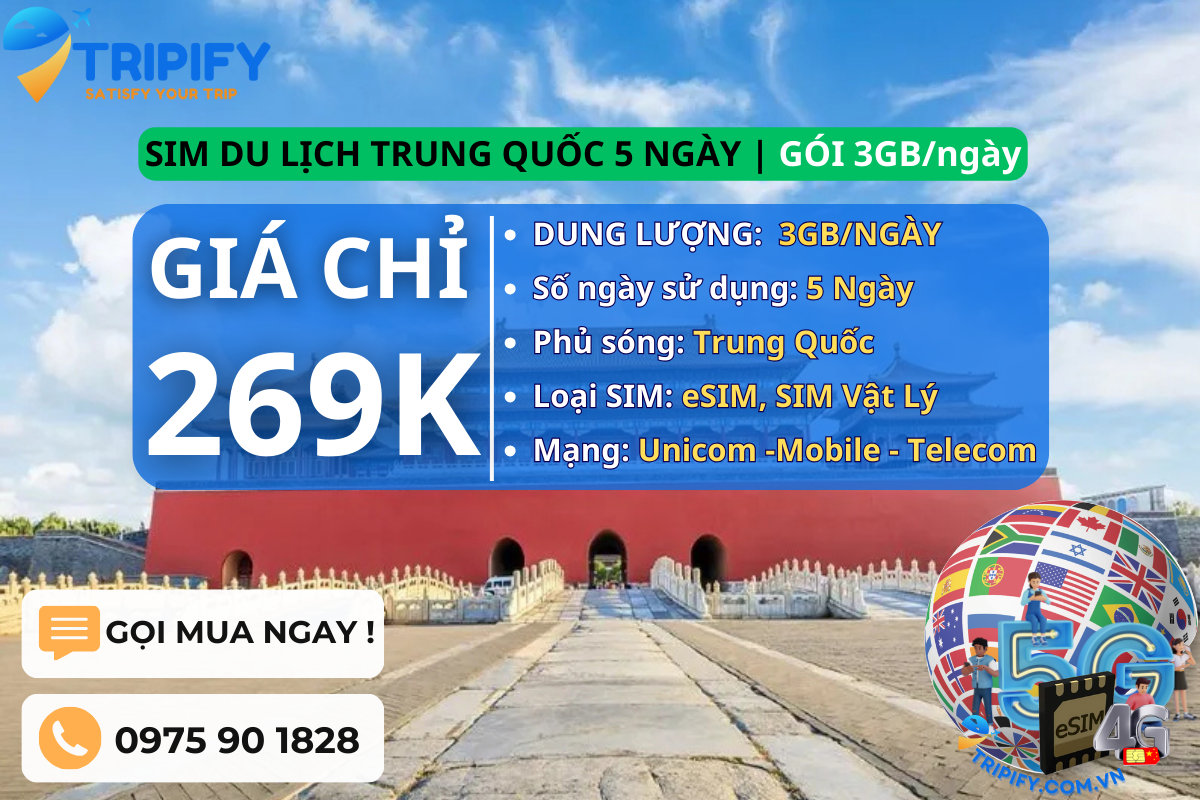 SIM DU LỊCH TRUNG QUỐC 5 NGÀY | GÓI 3GB/NGÀY
